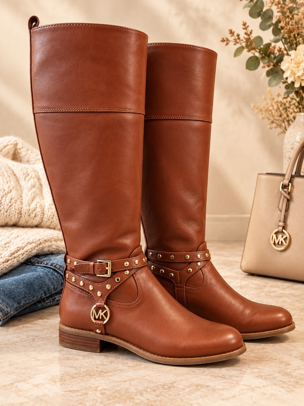 Michael Kors Fulton Harness Riding Boots 8 Brown Leather Gold Studded Knee High